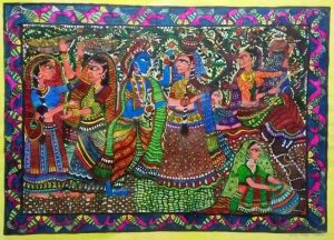 Radha Krishna lila painting with gopiyas all are playing with krishna