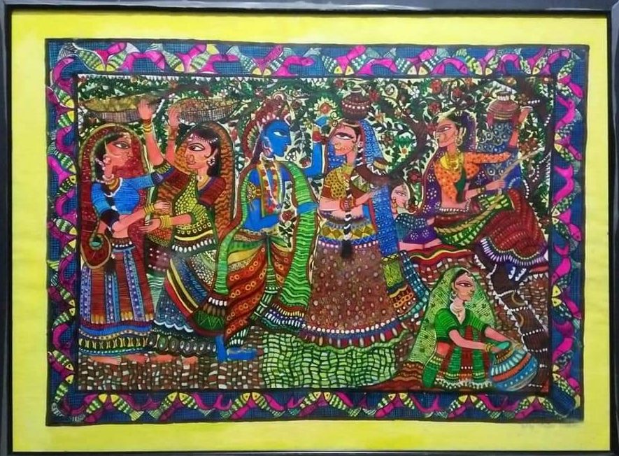 krishna radha rasleela painting is drawing mein krishna radha or gopiyo ke sath ras leela kar rhe haai is painting ko colour full dikhaya gya hai.