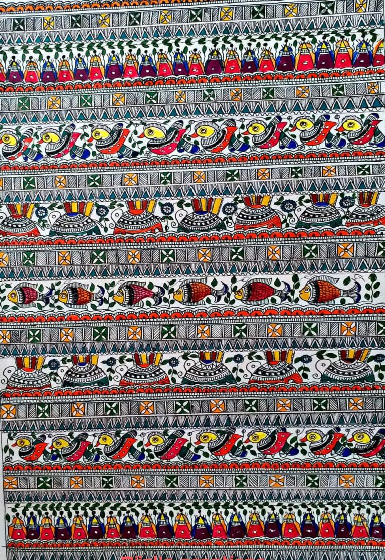 only border design in this painting Traditional art in Madhubani painting is also known as Mithila painting. There is a lot of border value in this painting, without border this painting is not complete. To.