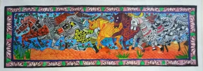 This painting is called traditional art which is very famous painting of Bihar. In this painting, a picture of Sevan Hiorse has been made. Along with the horse has been made with different colors and in all of them some Katchani design has been shown, in this drawing yellow, red, blue and black color has been used.