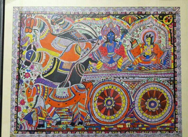 This painting is of seven horses. Suraj always rides on a horse, in which orange color has been used and a lot of kachani has been used. People use this painting in their homes and offices.